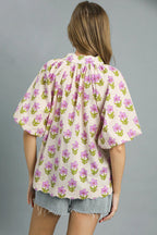 Umgee Blouse Floral Pink Purple Print Puff Short Sleeve Ruched Top 5f38d1a1-3ce1-4f30-9670-fbd2b547270b-Max-Origin Trendsi