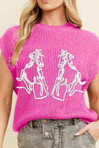 Women's Sweater Fuchsia Pink Western Horse Embroidered Round Neck Sleeveless Top 5f49d45e-8934-49db-a845-0e0c24ce2733-Max Trendsi