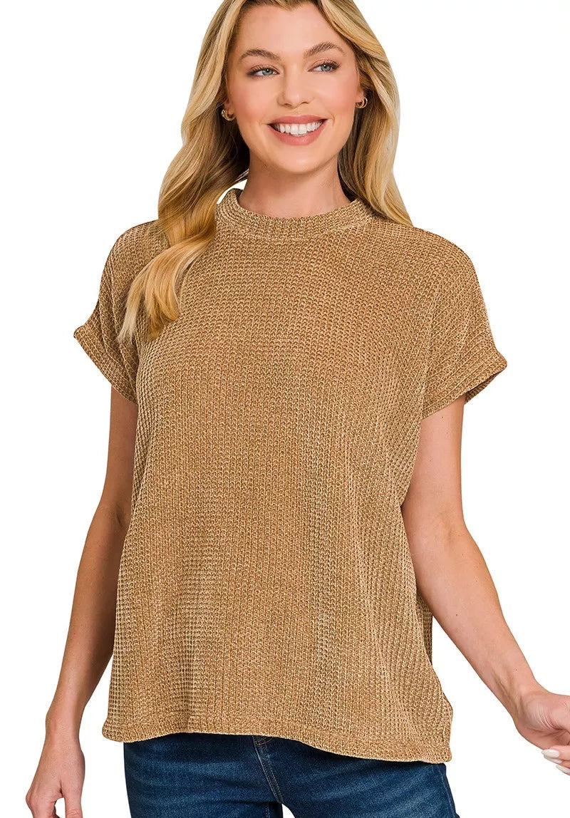 Zenana Chenille Waffle Cap Sleeve Sweater