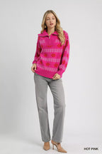 Umgee Womens Sweater Hot Pink Floral Patterned Jacquard Quarter-Zip Pullover 5f62d712-3edd-46e8-9329-8a8a5d14e3ff-Max-Origin Trendsi