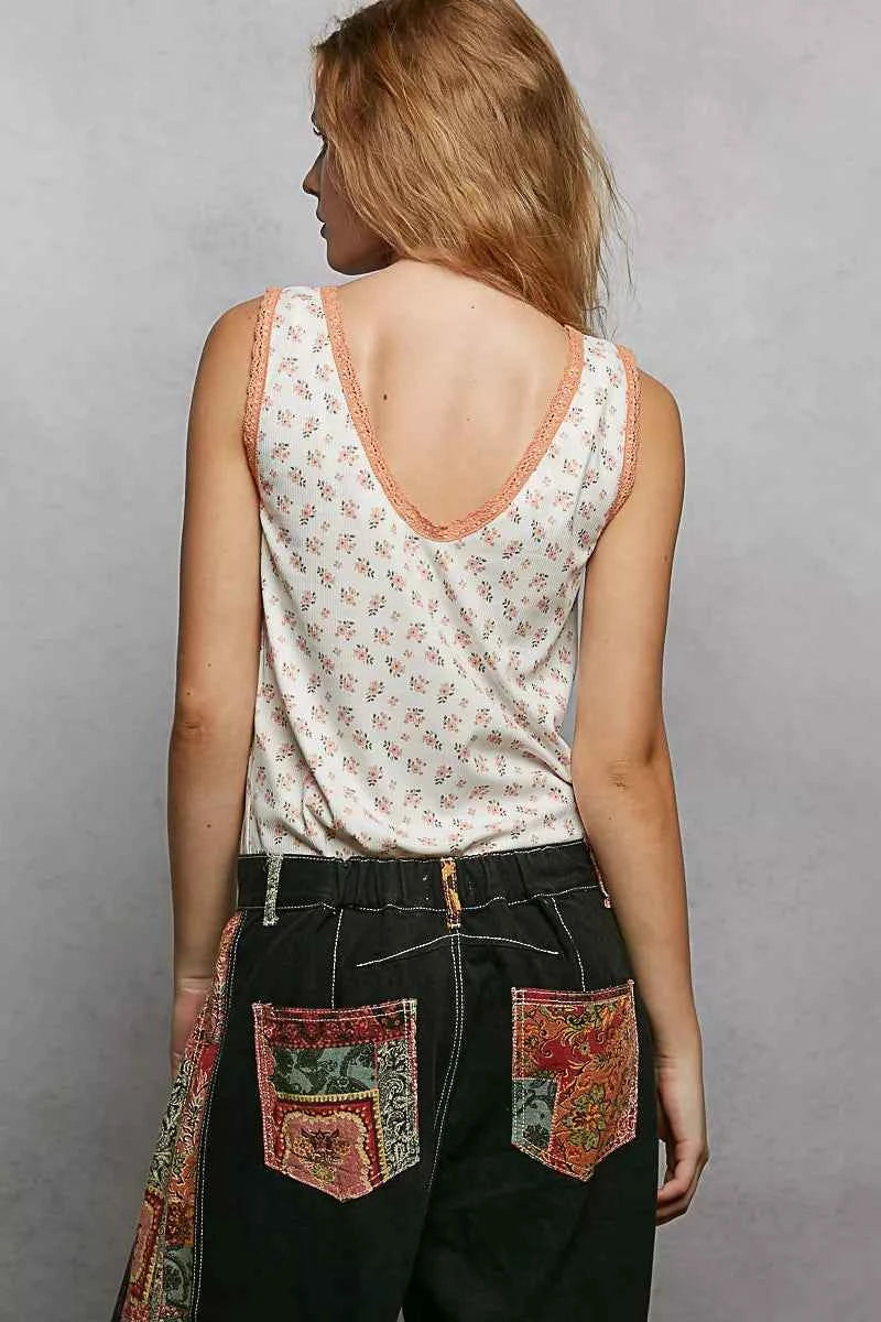 POL Tank Top Floral Ivory Ruched V-Neck with Lace Detail Blouse 5f654ff6-1461-4cef-a929-1a7f9c4e391d-Max-Origin Trendsi