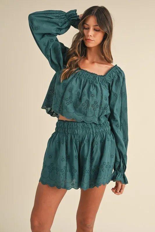 MABLE Outfit Set Embroidered Lace Teal Green Scalloped Long Sleeve Top and Short 5f6985366c20469295eb57dffe39bc58-Max-Origin Trendsi