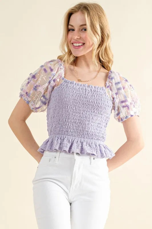 And The Why Top Floral Lavender Embellishment Short Sleeve Smocked 5f6d723626a64c03855a3a2a95d3633b-Max-Origin Trendsi
