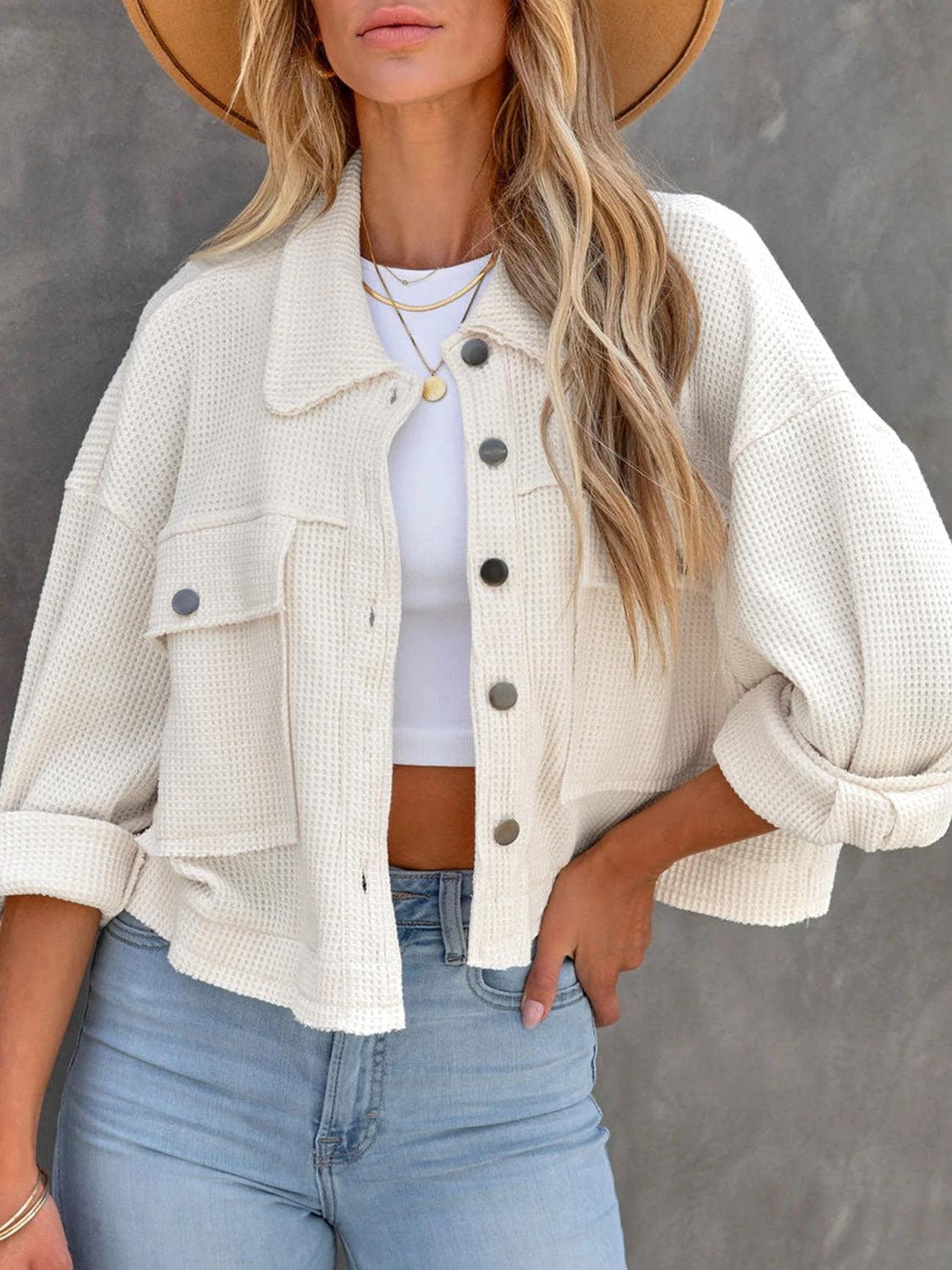 Jacket Button Up Flap Pocket Soft Unlined Long Sleeve Outwear White 5f88a2b7-6fab-42e2-94a8-3ca5c915e8ba-Max Trendsi