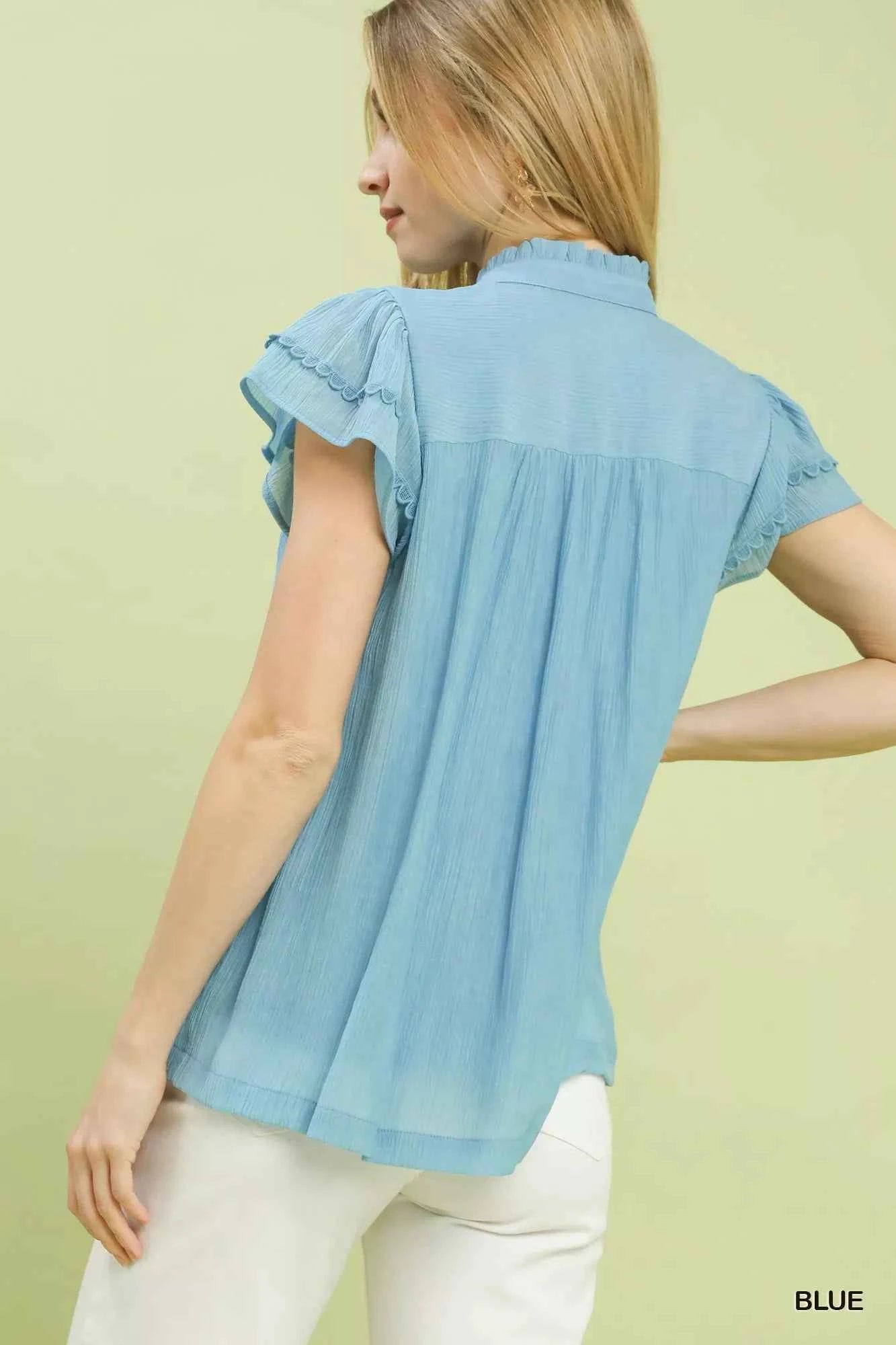 Umgee Blouse Blue Scalloped Trim Flutter Short Sleeve Top 5f8943da-513a-43ae-b8cf-5c941696ce1e-Max-Origin Trendsi