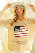 BiBi Top Open Knit Cover Up Sequin American Flag Patch Oatmeal OATMEAL 5f89af91806740208c27d97d4bc4b1e6-Max-Origin Trendsi