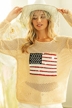 BiBi Top Open Knit Cover Up Sequin American Flag Patch Oatmeal OATMEAL 5f89af91806740208c27d97d4bc4b1e6-Max-Origin Trendsi