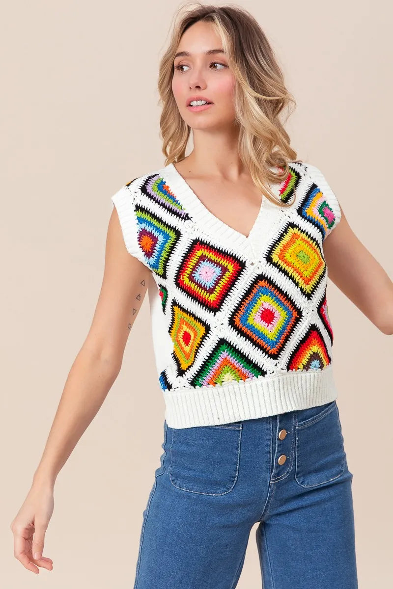 BiBi Sweater Vest Ivory Diamond Granny Multicolor Square Ribbed Knit Top 5f8c4d1b317d4967a0fe85173d3f9fbc-Max-Origin Trendsi