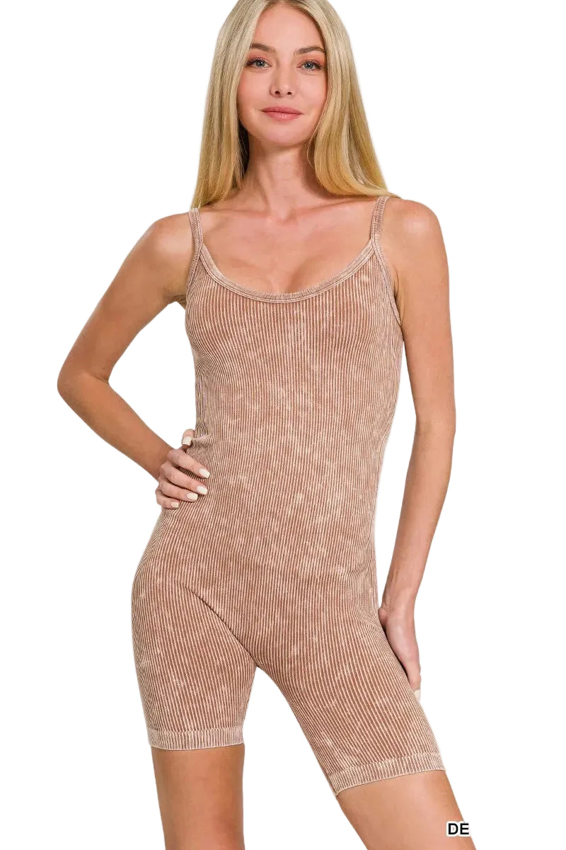 Zenana Stone Washed Ribbed Seamless Romper