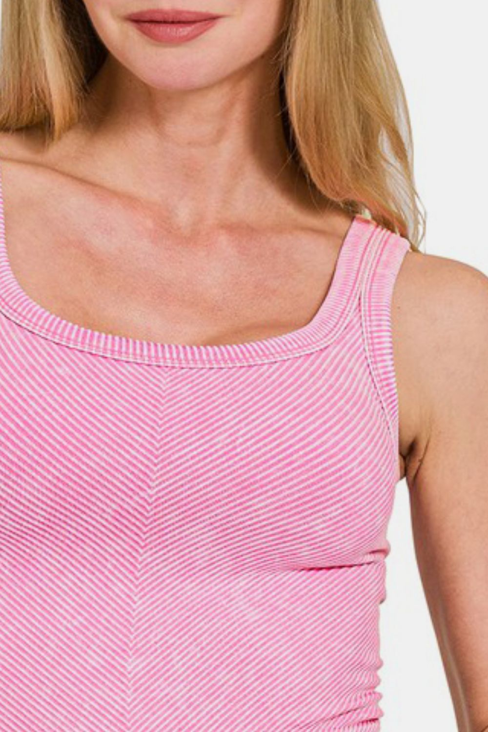 Zenana Tank Top Cropped Washed Ribbed Scoop Neck Wide Strap Candy Pink