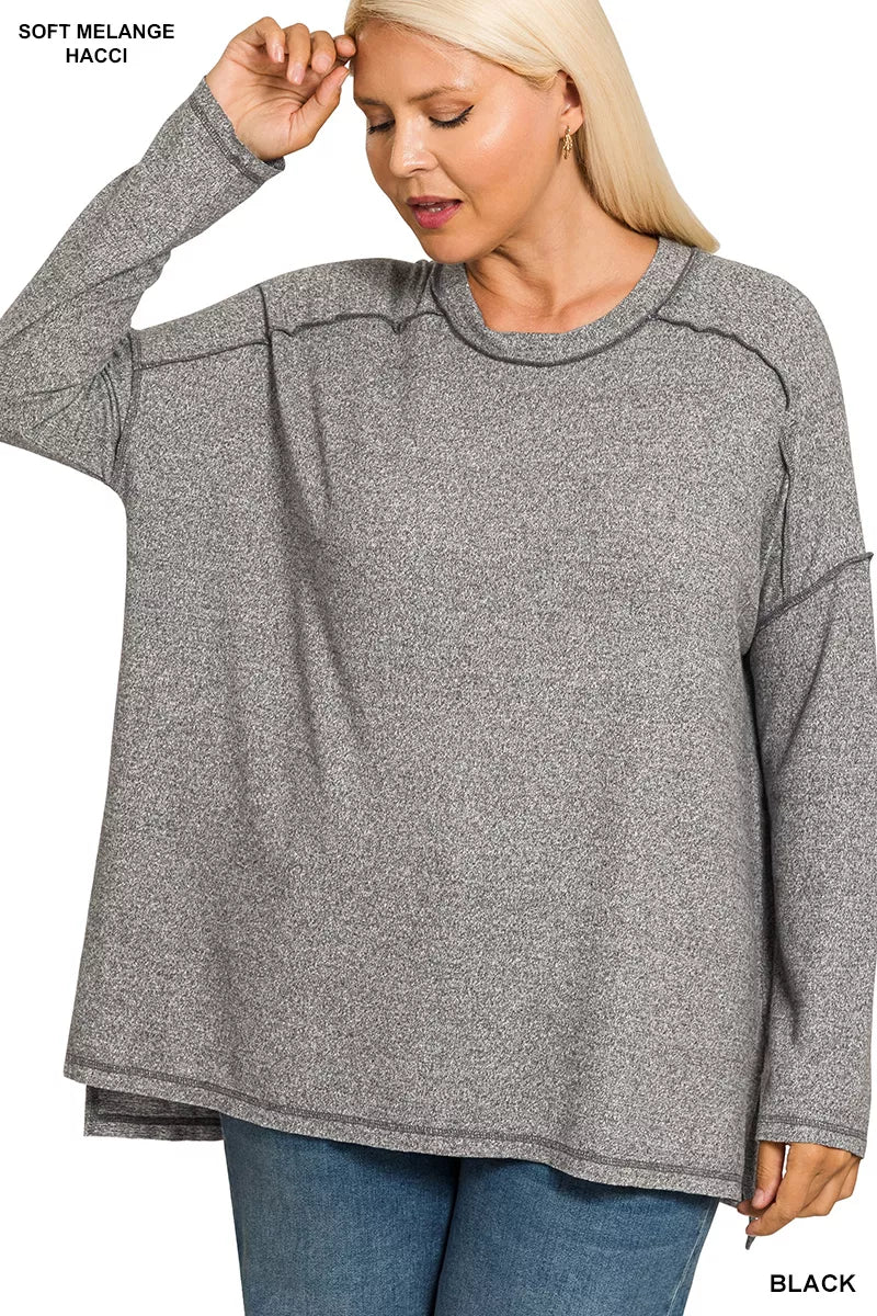 Zenana Women's Top Black Melange Hacci Exposed Seam Hi-low Tee Plus Sizes 5f91a03a-982b-498a-b0c6-906356d610eb-Max-Origin Trendsi