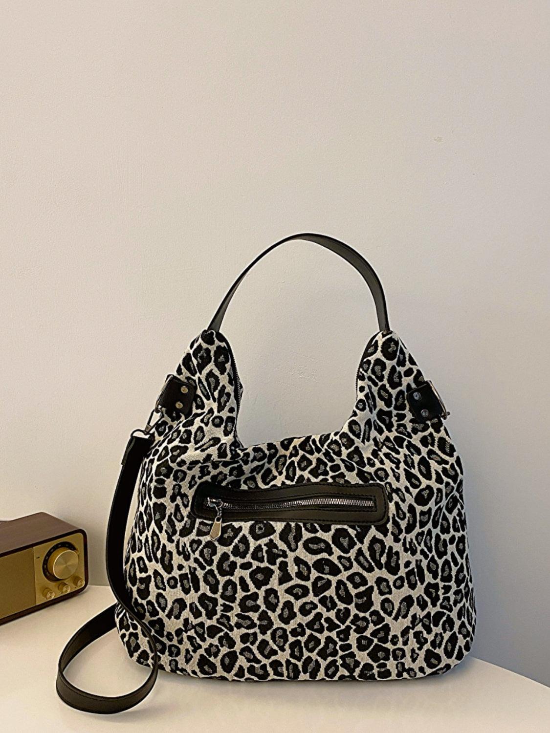 Leopard Polyester Large Shoulder Bag with Stud Beaded Leather Pockets