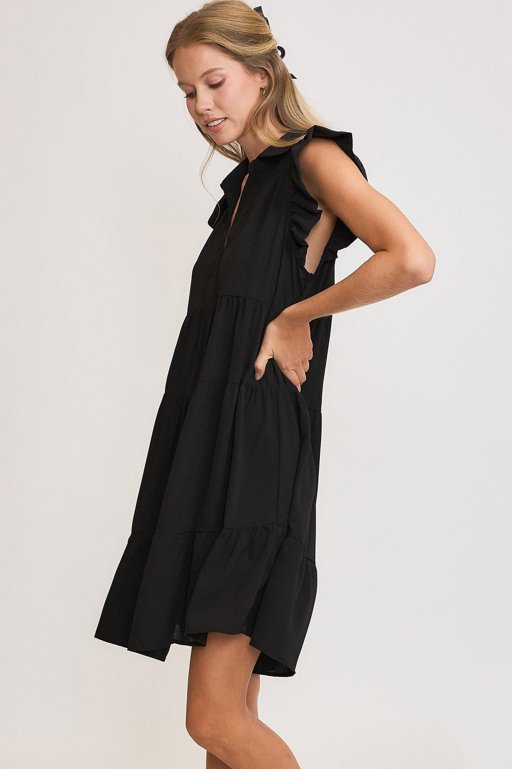 Umgee Mini Dress Black Ruffle Cap Sleeve Johnny Collar Tiered 5f9c0204-844f-46d2-8df5-2eb97c55a6aa-Max Trendsi