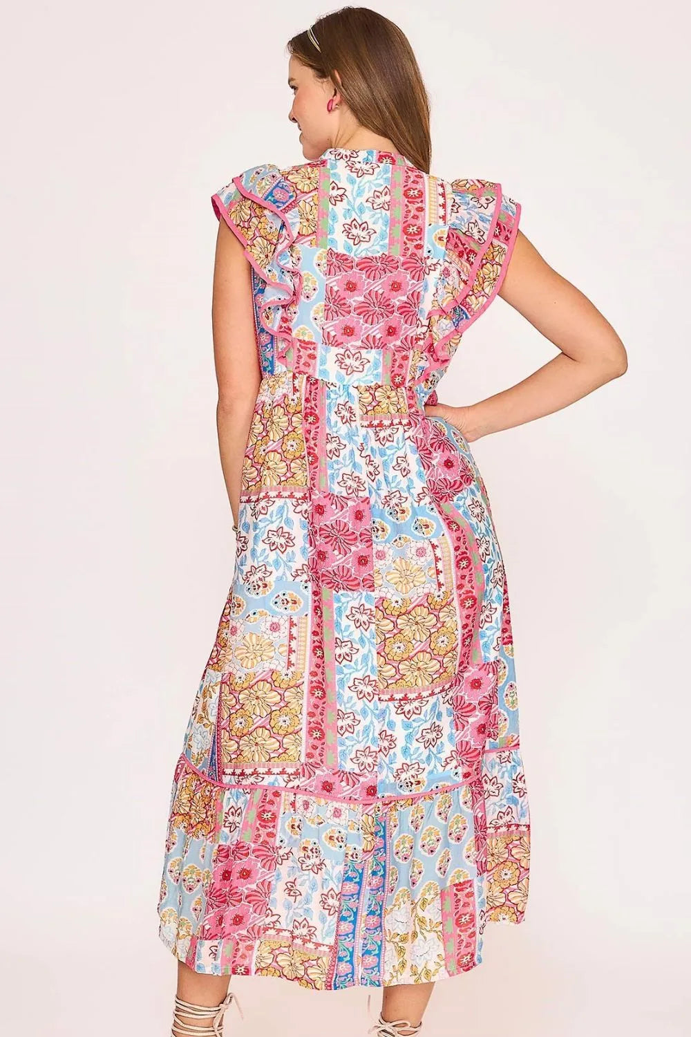 Umgee Midi Dress Pink Mix Floral Tie Neck Double Layered Ruffle Sleeve 5f9c0f48-7603-4786-a085-dfe50b6e8e4a-Max-Origin Trendsi