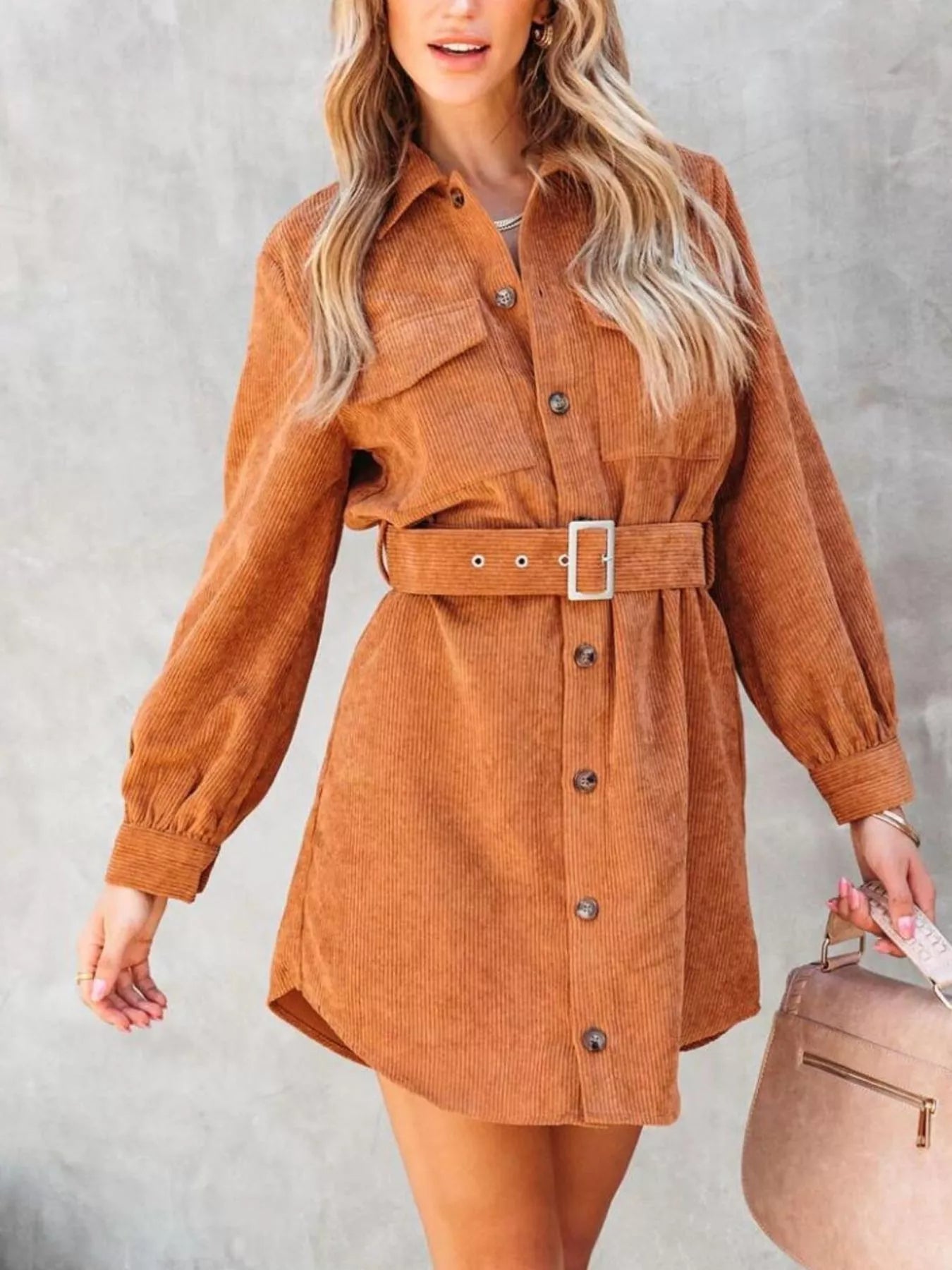 Corduroy Mini Shirt Dress Button Front Belt Long Sleeve 5fa260df-80c5-4826-ba1e-df47bbdbf75a-Max-Origin Trendsi