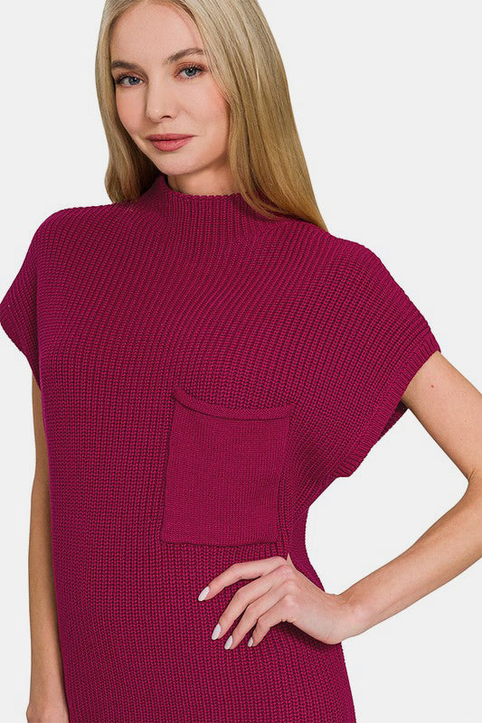Zenana Sweater Mini Dress Knit Short Sleeve Cabernet High Neck Patch Pocket 5fa55058-9fd5-44d9-911f-4ddd7940c281-Max Trendsi