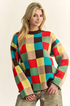 Checkered Color Block Sweater Davi & Dani Dropped Shoulder Long Sleeve 5fbecef0-0bcf-4789-b04b-1a434e297277-Max Trendsi
