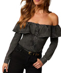 Off-Shoulder Ruffled Denim Top with Button Detail