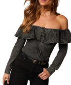 Off-Shoulder Ruffled Denim Top with Button Detail