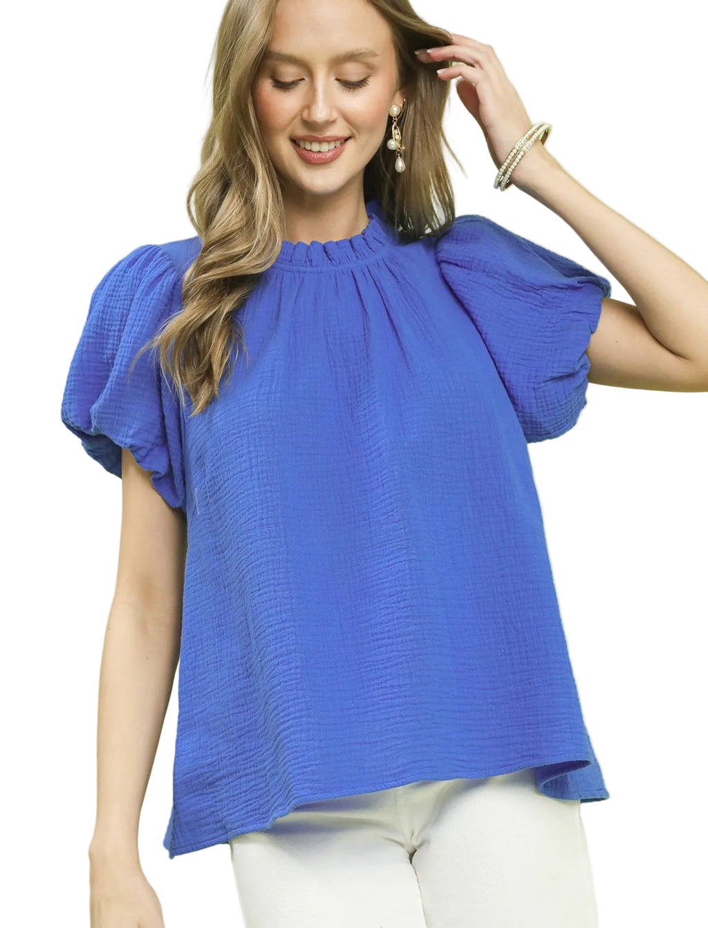 Umgee Textured Gauze Ruffle Neck Boho Top