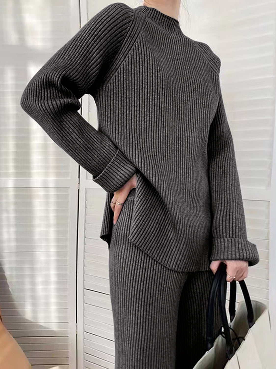 Women Sweater Set Mock Neck Raglan Sleeve Top and Pants 2 Pcs Set 5fc60504-ed20-4759-b353-c867127d57a0-Max Trendsi