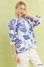Umgee Womens Blouse Ocena Leafy Damask Print Top Contrast Scalloped Trim 5fd3588e-9986-4497-87ce-5b0fd17a8197-Max-Origin Trendsi