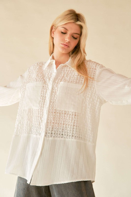 Women's Shirt White Jacquard Crinkled Button Down Davi & Dani Long Sleeve 5fe00761-b9a3-4331-8c8f-e692f2a49d0d-Max Trendsi