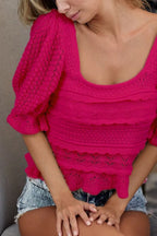 BiBi Crochet Top Hot Pink Square Neckline Ruffled with Puff Short Sleeve 5fe39d55-9b09-4033-96dc-01c35008e407-Max-Origin Trendsi