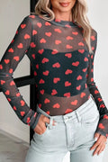 Valentine's Heart Pattern Sheer Mesh Long Sleeve Top