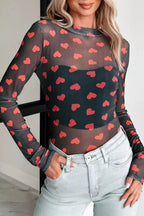 Valentine's Heart Pattern Sheer Mesh Long Sleeve Top