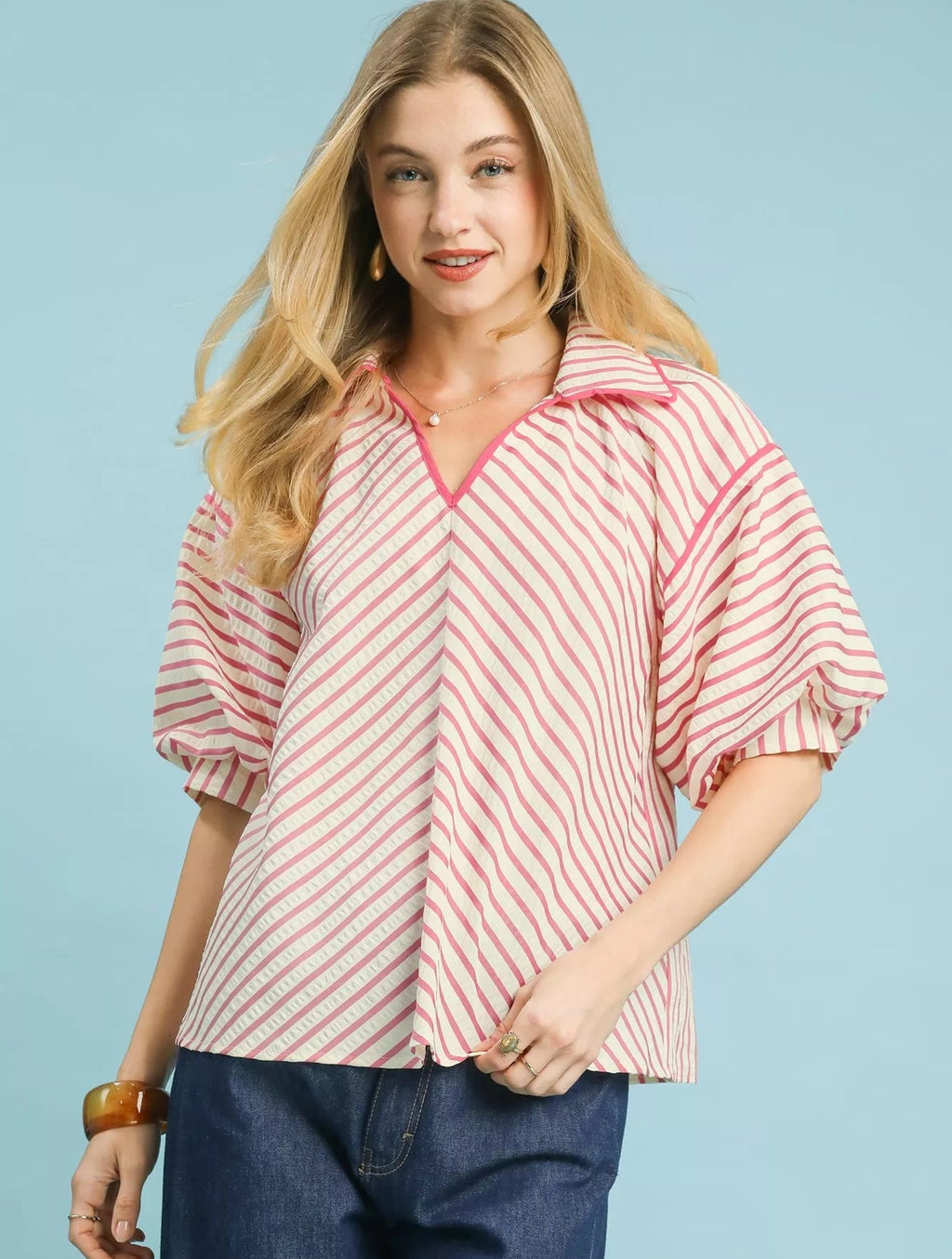 Umgee Womens Blouse Chevron Stripe Collared Relaxed Top Short Sleeve PEONY 5ff56e57-a4fb-403f-b69e-eb4ea3af7165-Max-Origin Trendsi
