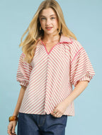 Umgee Womens Blouse Chevron Stripe Collared Relaxed Top Short Sleeve PEONY 5ff56e57-a4fb-403f-b69e-eb4ea3af7165-Max-Origin Trendsi