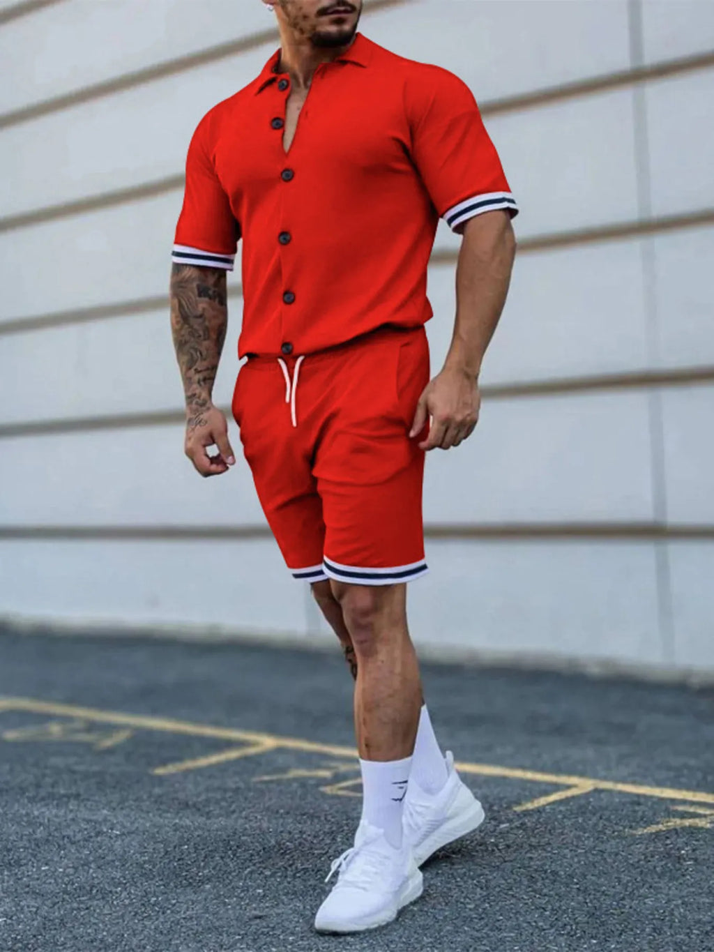 Men's Outfit Set Casual Striped Hem Button Up Short Sleeve Top and Shorts Orange Red 600dd6dec7ff4ae3a51abf63d898de2b-Max-Origin Trendsi