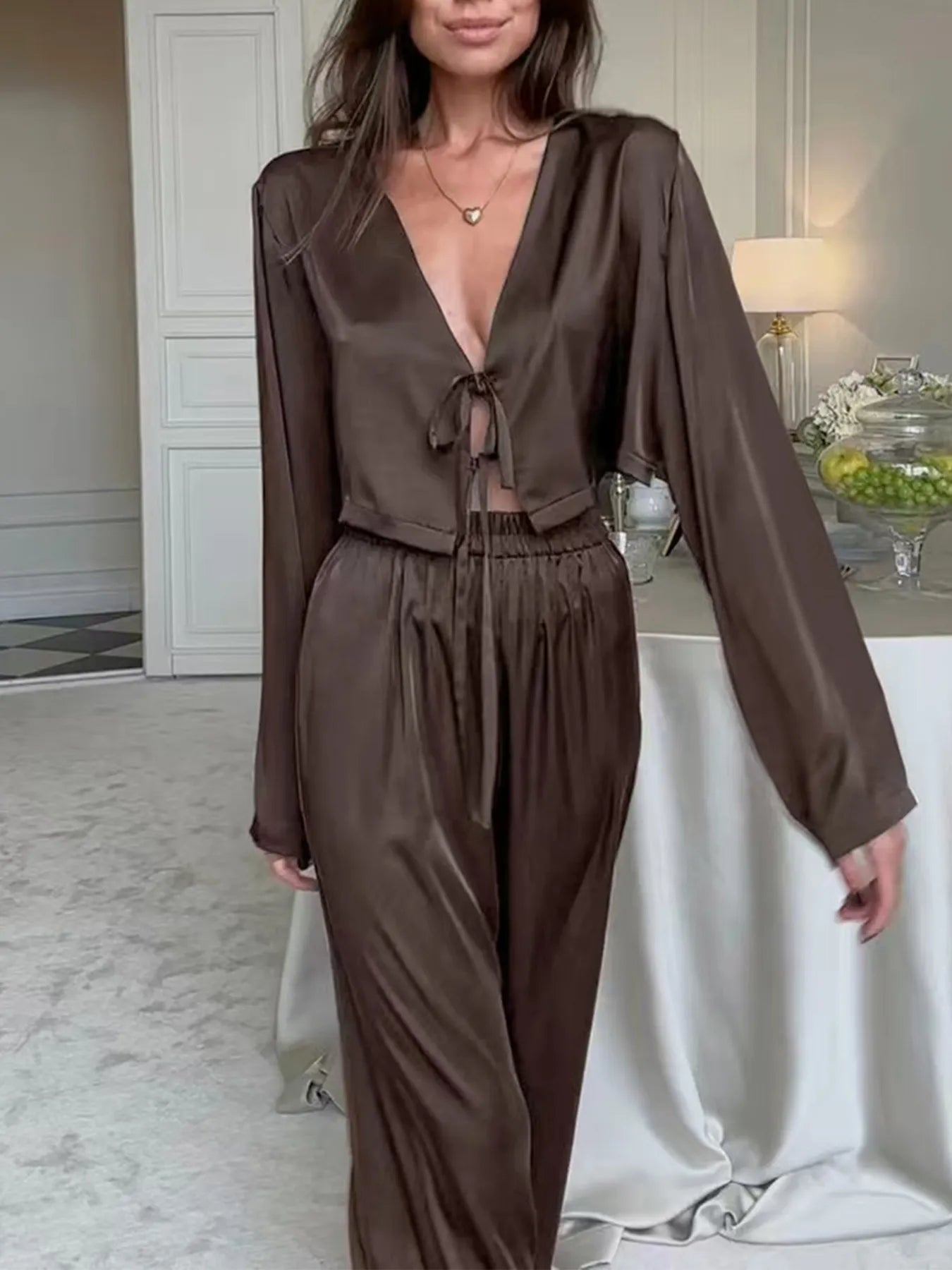 Women's Outfit Set Tie-Front Crop Top and Pants Coffee Brown 600e12acfea7429d96ab78ffd2a5aeae-Max-Origin Trendsi