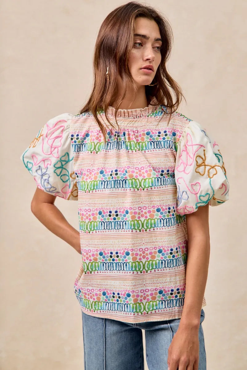 BiBi Blouse Multicolor Ruffle Neckline With Embroidery Bubble Short Sleeve Top 6010477b0e7040cdab864e3c69cd0dd1-Max-Origin Trendsi