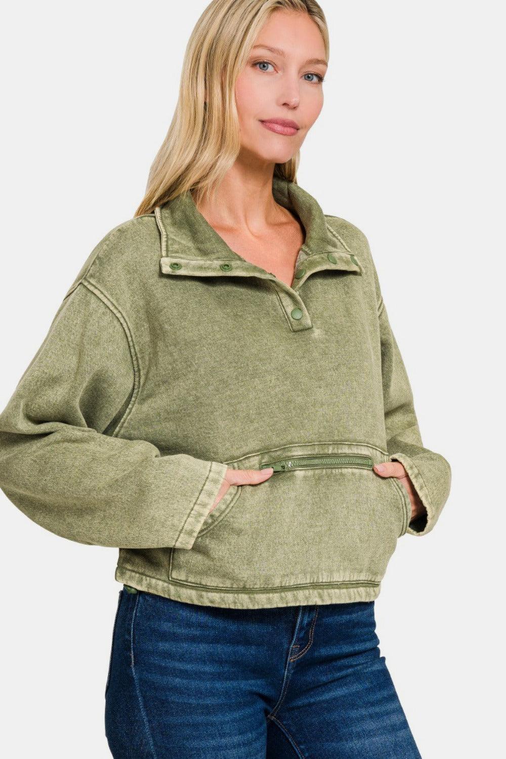 Zenana Sweatshirt Olive Acid Wash Fleece Half Snap with Pocket