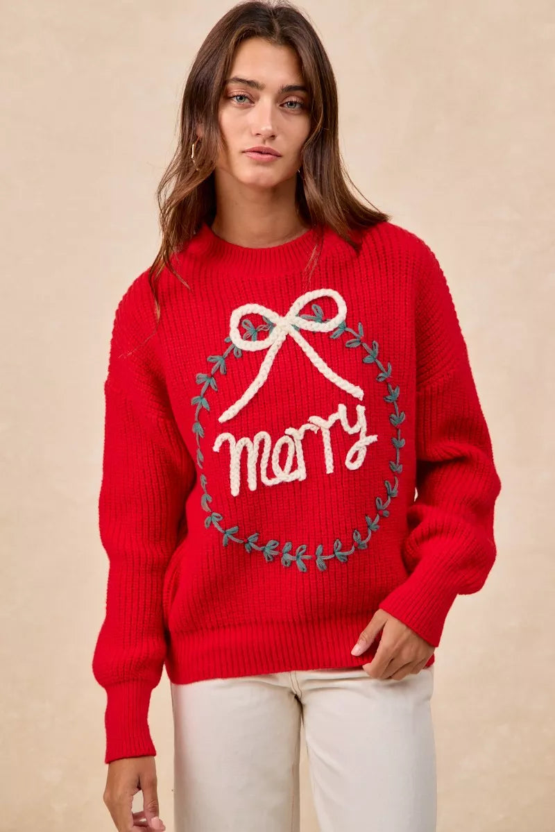 BiBi Christmas Womens Pullover Red Wreath Merry Letter Knit Top 60198ad8b0ec402699c6152638d4f526-Max-Origin Trendsi
