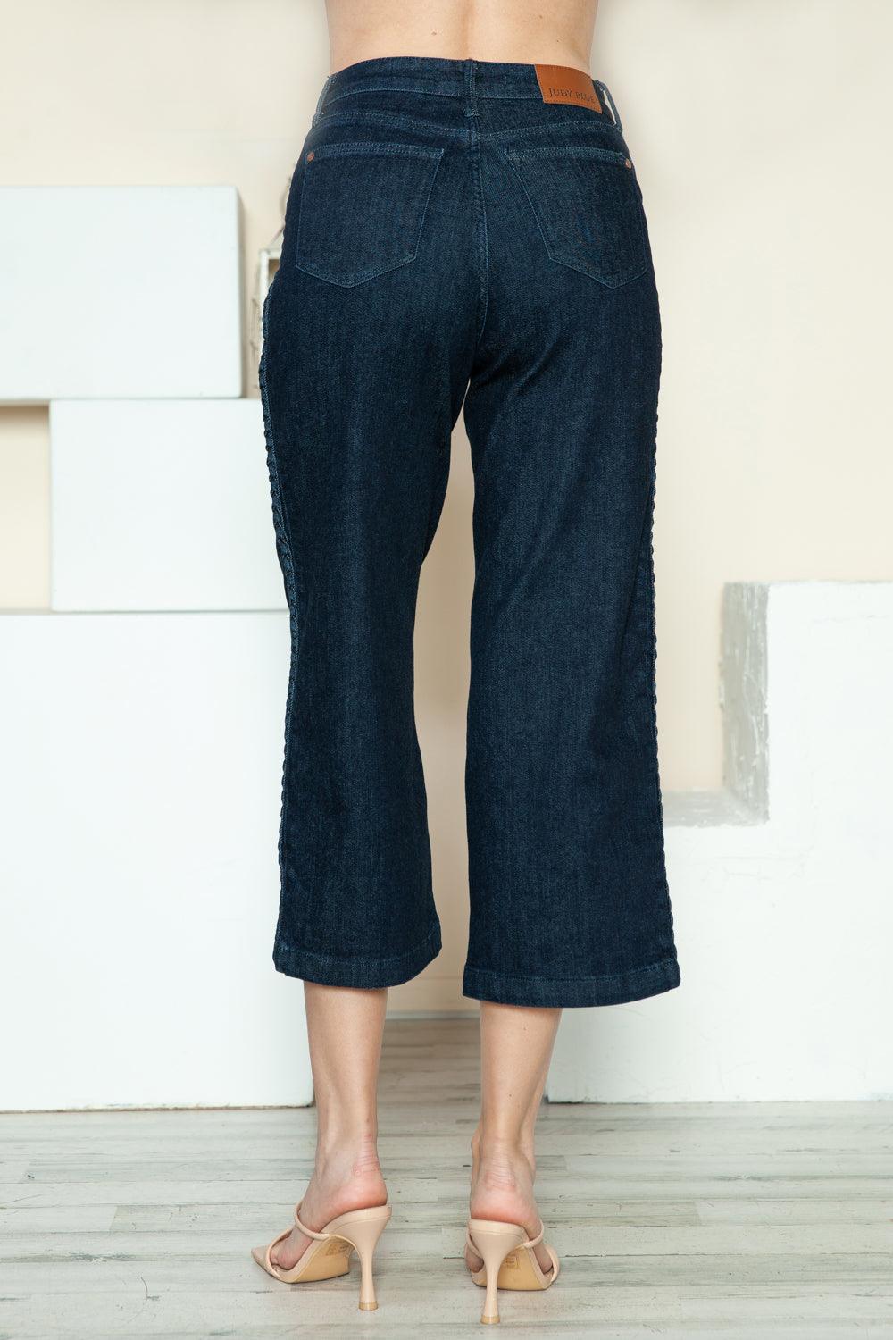Judy Blue US Crop Wide Leg Jeans Side Seam Braid Detail Denim Capri 601a6751-2185-4519-b071-de0dc6525139-Max Trendsi