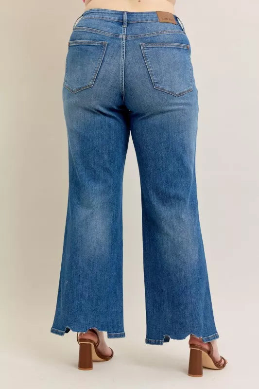 Judy Blue Jeans High Waist Tummy Control Chew Hem Destroy Wide Denims 603776ad-8288-4f60-b3f7-fab9ecb86869-Max-Origin Trendsi
