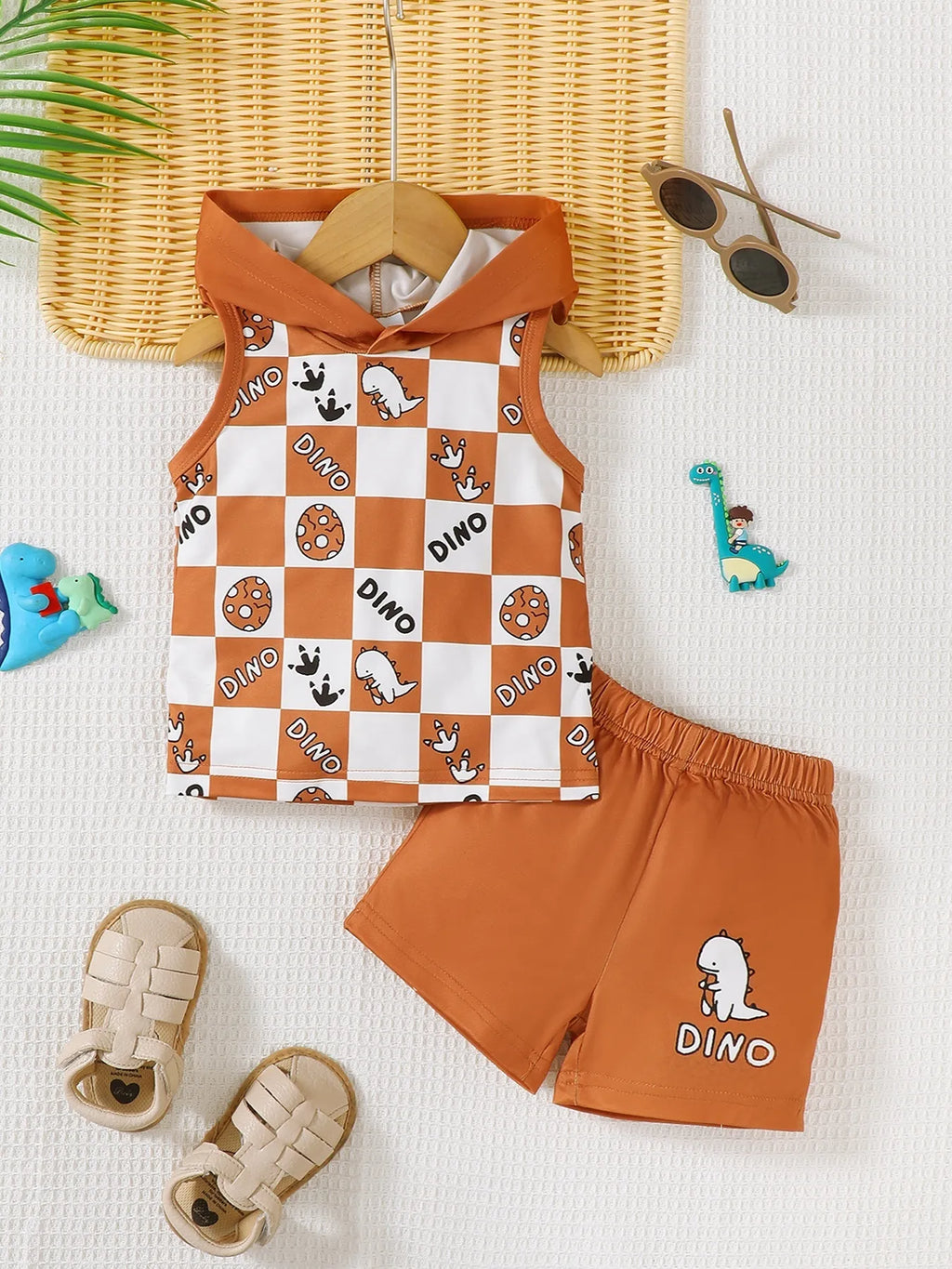 Children's Boy Set Dinosaur Checkered Sleeveless Hooded Top and Shorts 2 Pcs 604172a3-4517-4f13-84ab-0379c9547eba-Max-Origin Trendsi