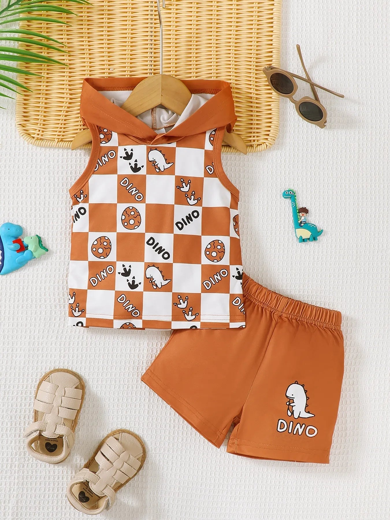 Children's Boy Set Dinosaur Checkered Sleeveless Hooded Top and Shorts 2 Pcs 604172a3-4517-4f13-84ab-0379c9547eba-Max-Origin Trendsi