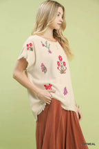 Umgee Womens Linen Blend Blouse Embroidered Frayed Hem Top Short Sleeve 60536c82-bc96-4b01-99b8-ed540e0aae6b-Max-Origin Trendsi