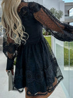 Mini Dress Floral Lace Lantern Long Sleeve Pearl Button High Neck Ruffled 6058a15c-d4d8-4d4e-8899-a2bbb3ad1d06-Max-Origin Trendsi