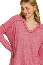 Zenana Soft Melange Hacci Exposed Seam Hi-low Tee 605f0cbc43484c7f8094b71ba1d34ce6-Max-Origin Trendsi