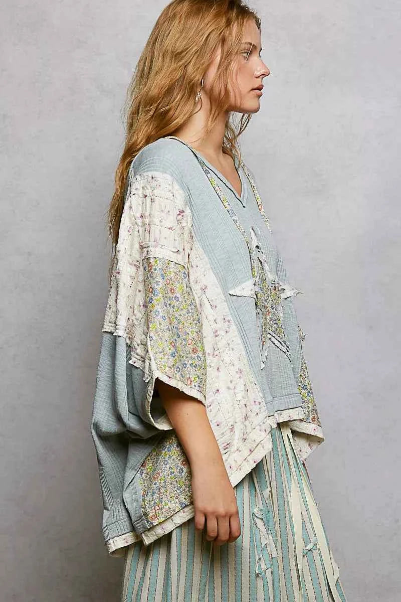 POL Floral Star Patch Hooded Blouse with Lace Contrast Detail