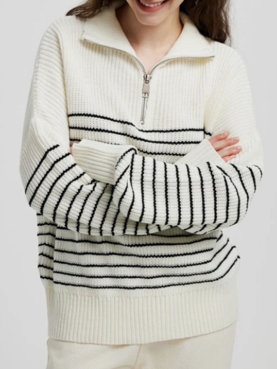 Women Striped Sweater Half Zip High Neck Long Sleeve Soft Knit Pullover