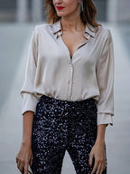 Collared Neck Button-Up Shirt with No Stretch, 95% Polyester and 5% Spandex