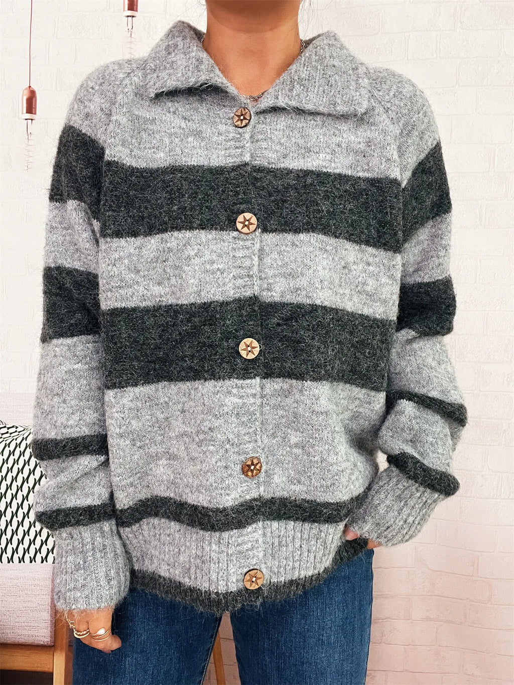 Women's Cardigan Striped Button-Up Cozy Soft Long Sleeve 608ad6f91832485082c2f9d3e96980da-Max-Origin Trendsi
