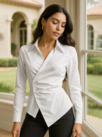 Women's White Shirt Asymmetric Buttoned Collared Neck Long Sleeve Top White 608f820d-a2a9-45c7-a8c5-770f99820be1-Max-Origin Trendsi
