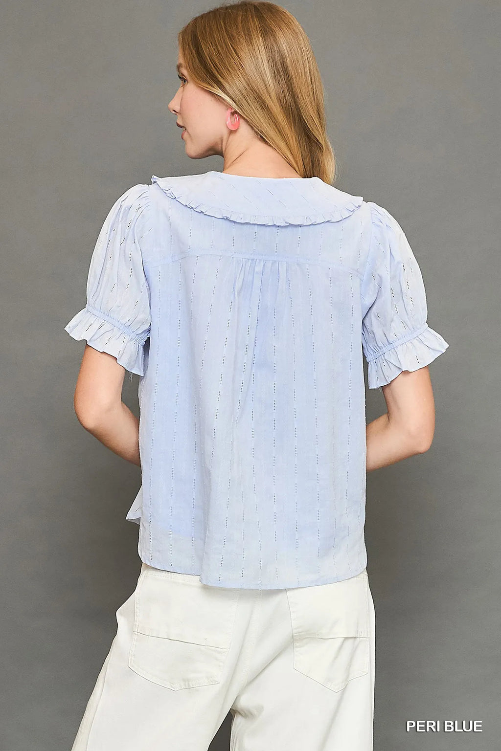 Umgee Shirt Peter Pan Collared Button Up Textured with Ruffled Short Sleeve Top 609230fc-ea92-42dc-bd9e-7f3b32720522-Max-Origin Trendsi